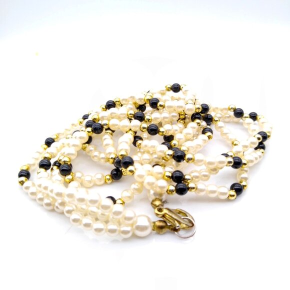 Neutral Seed Bead Torsade Necklace, Black and White Vintage Strands, Multi Stran - Picture 3 of 3